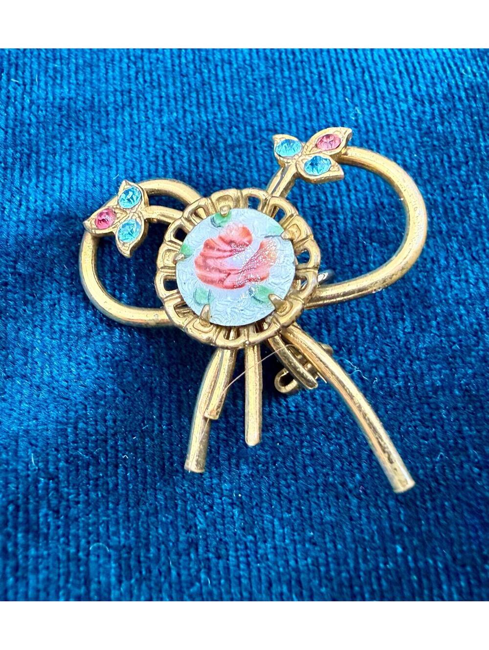 Vintage Guilloché Enamel Rose Bow Brooch, Gold Tone Rhinestone Floral Pin
